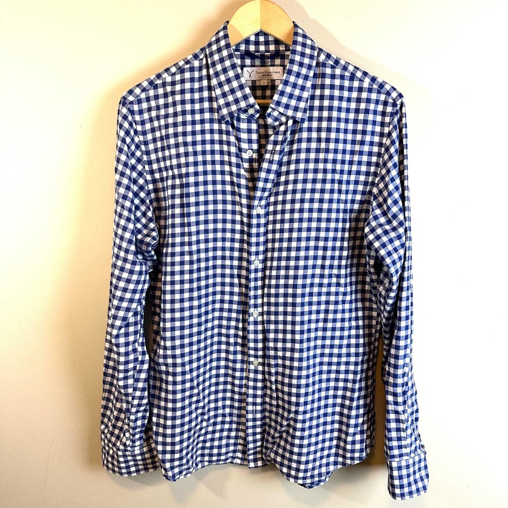 Teddy Stratford Blue Gingham Zip Button Up Shirt Men’s Size 3 EUC